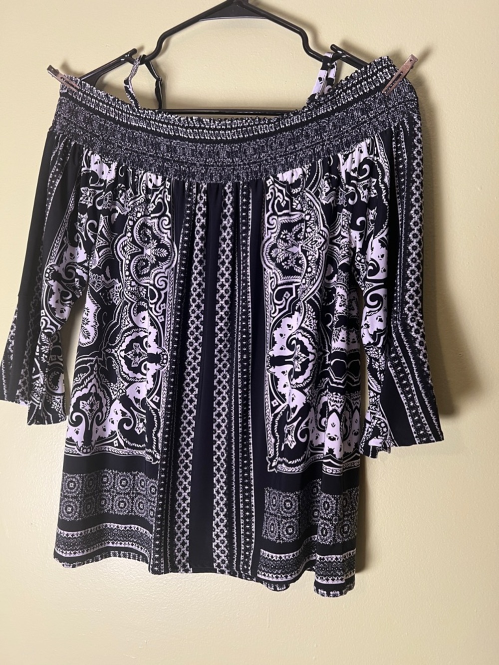 INC International Concepts Black & Lilac Off-Shoulder Patterned Tunic